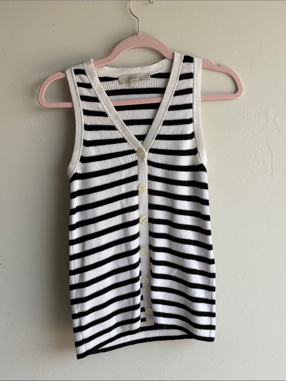 LOFT Black and White Striped Sleeveless Button-Front Top